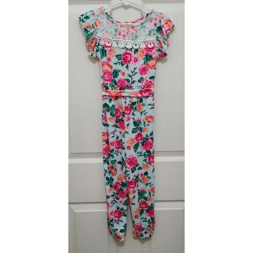 Rare Editions Girls Flutter Sleeve Floral Rib-Knit Jumpsuit with Belt Toddler 4T
